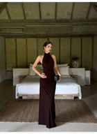 Chocolate Brown Ruched Halter Open Back Maxi Dress - Brown