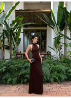 Chocolate Brown Ruched Halter Open Back Maxi Dress - Brown