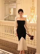 Black and White Square-Neck Cocktail Midi Dress, black and white, front view
