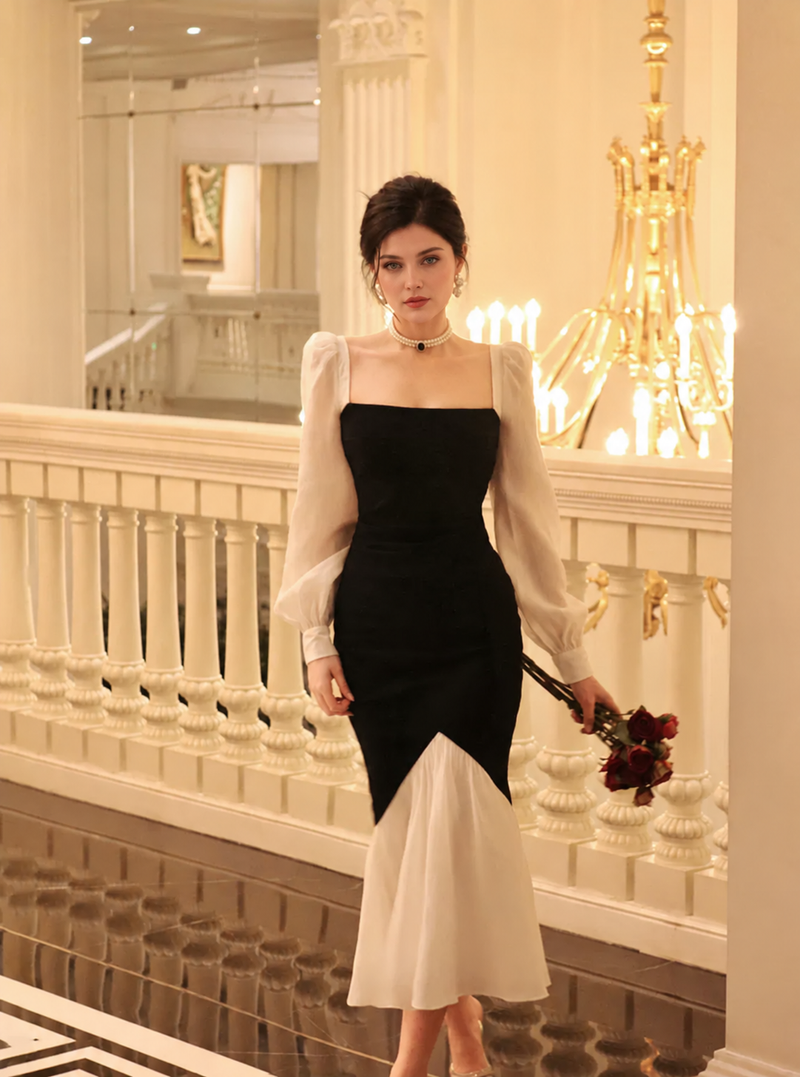 Black and White Square-Neck Cocktail Midi Dress, black and white, front view