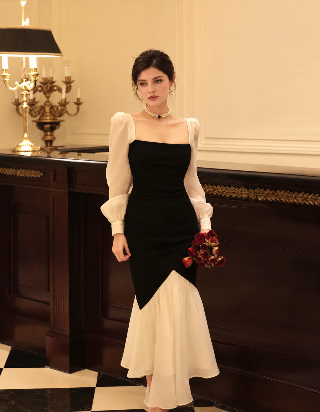 Black and White Square-Neck Cocktail Midi Dress, black and white, additional view