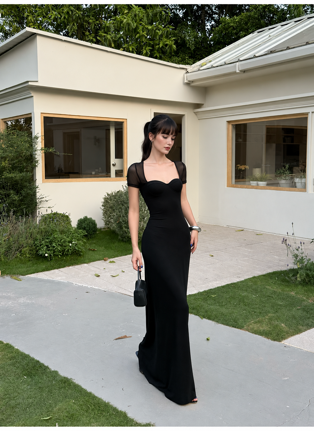 Sweetheart Sheer Short Sleeve Maxi Dress - Black
