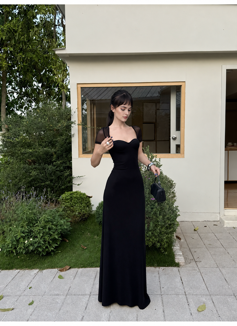Sweetheart Sheer Short Sleeve Maxi Dress - Black