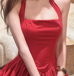 Red Halter Full-Skirt Prom Dress - garment detail