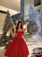 Red Halter Full-Skirt Prom Dress - Red