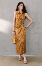 Satin Jacquard Twist Waist Slit Midi Dress - Olive