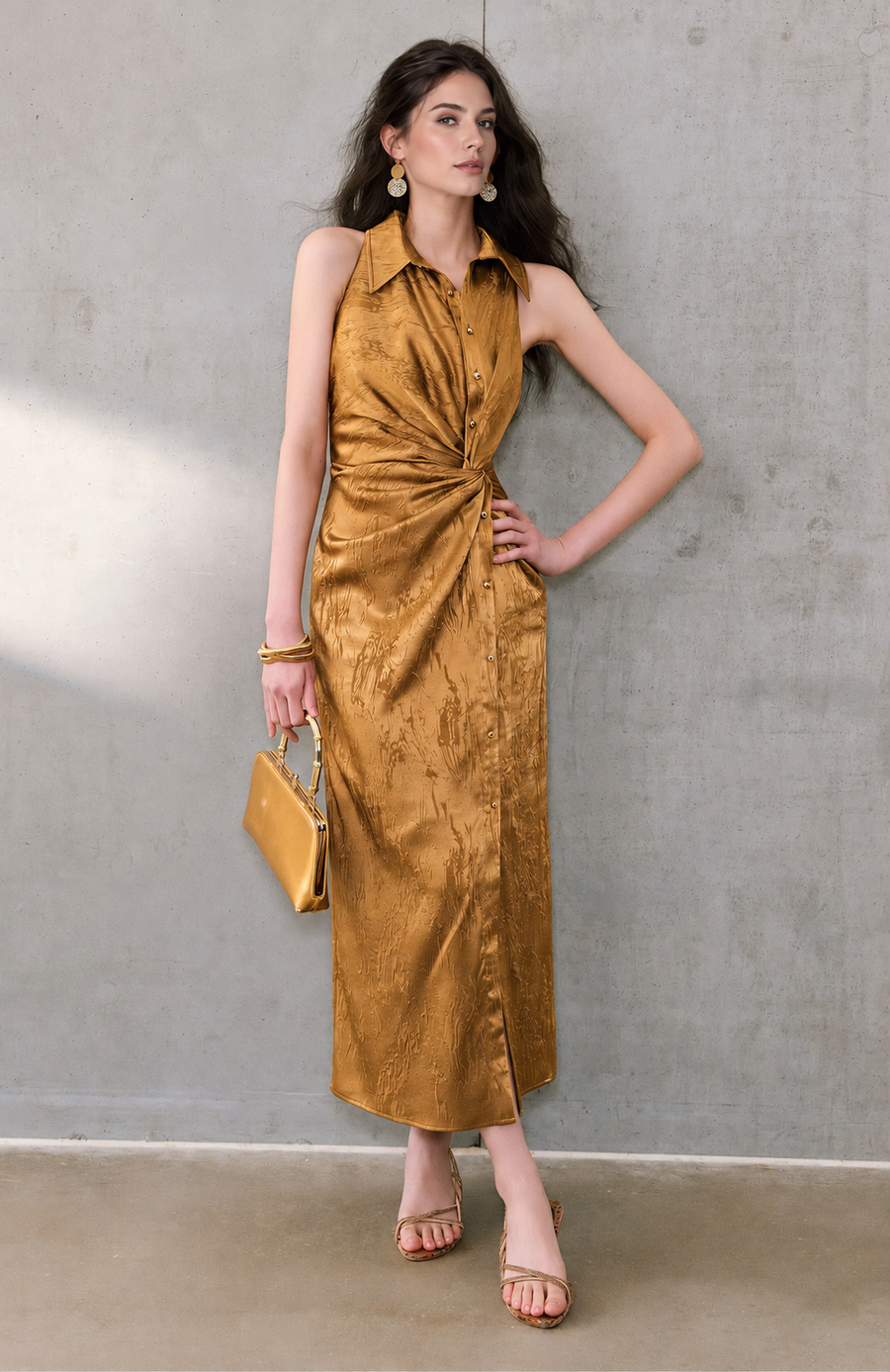 Satin Jacquard Twist Waist Slit Midi Dress