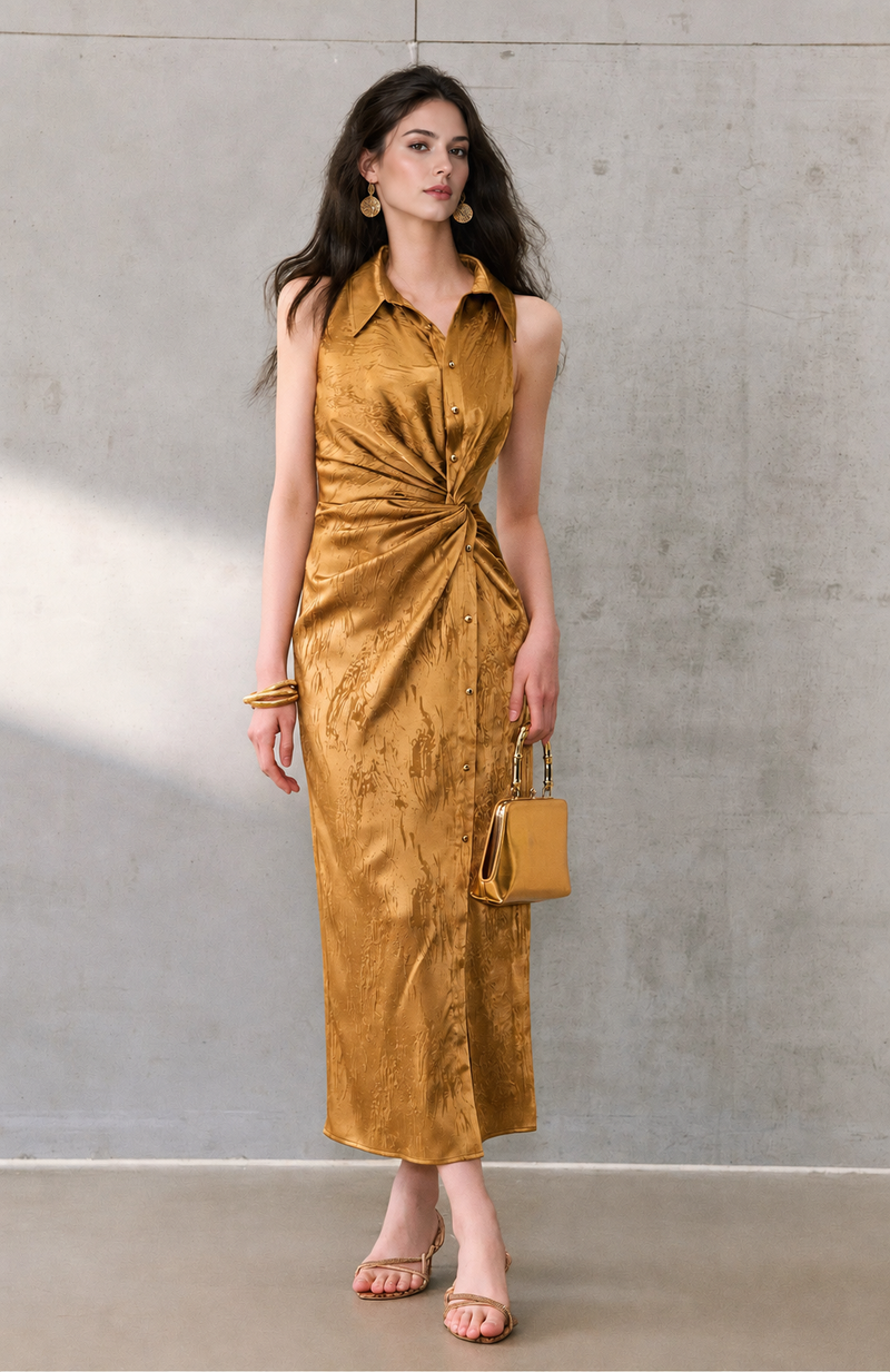 Satin Jacquard Twist Waist Slit Midi Dress - Olive