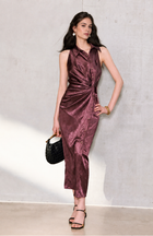 Satin Jacquard Twist Waist Slit Midi Dress - Purple