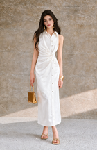 Satin Jacquard Twist Waist Slit Midi Dress - White