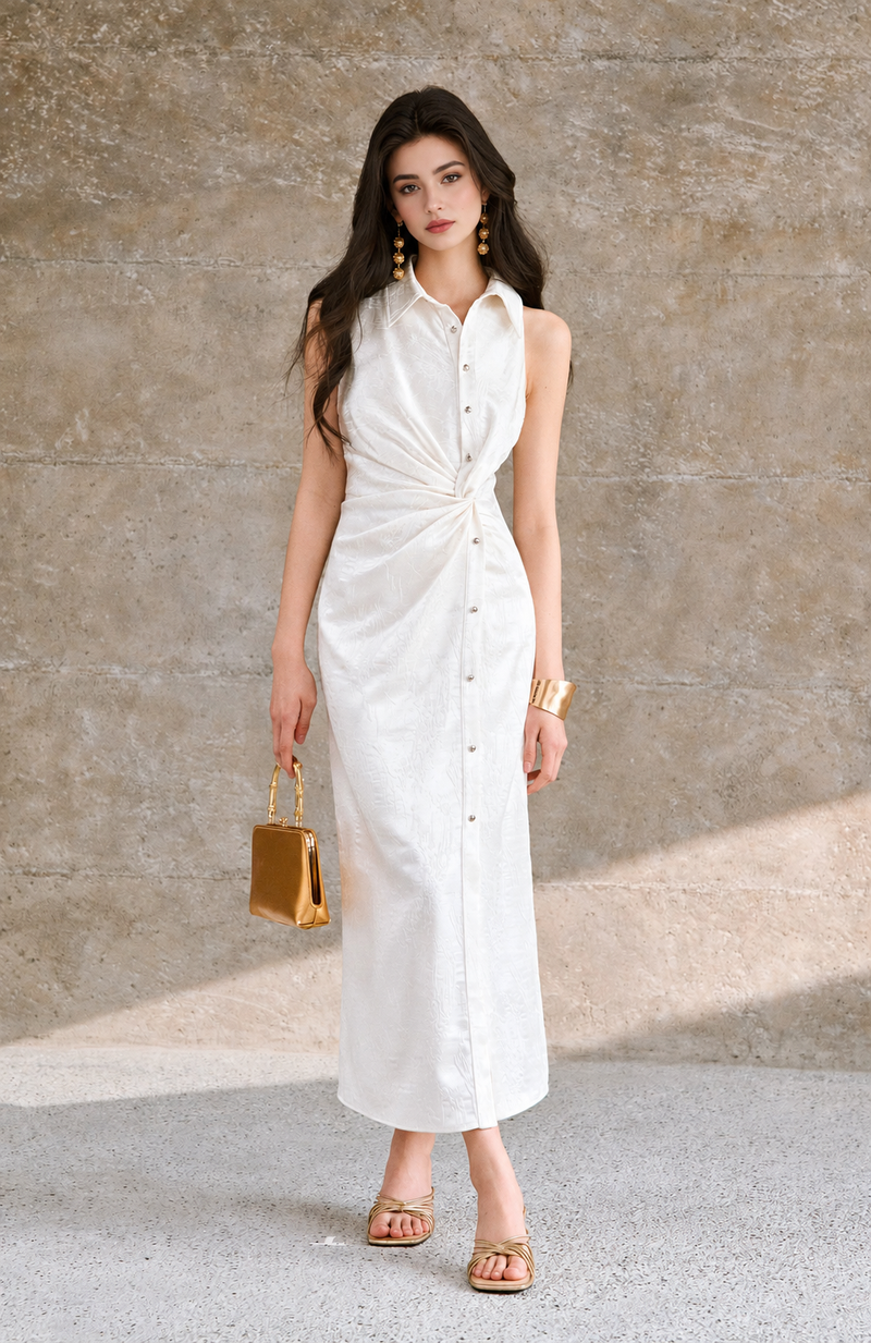 Satin Jacquard Twist Waist Slit Midi Dress - White