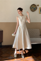 Beaded Neckline Sleeveless A-Line Midi Dress - Apricot