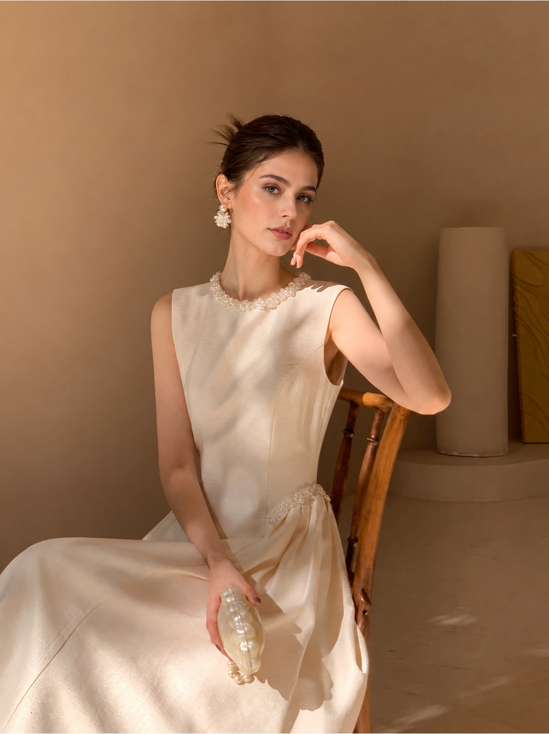 Beaded Neckline Sleeveless A-Line Midi Dress - Apricot