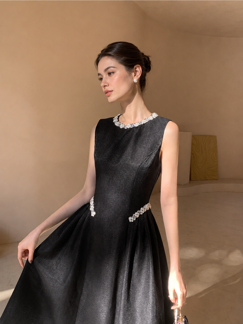 Beaded Neckline Sleeveless A-Line Midi Dress - Black