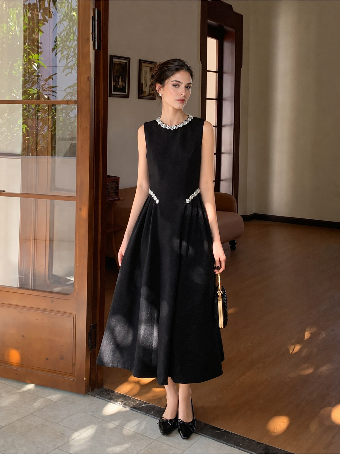 Beaded Neckline Sleeveless A-Line Midi Dress - Black