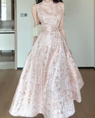 Pink Metallic Jacquard Fit-and-Flare Midi Dress - garment detail