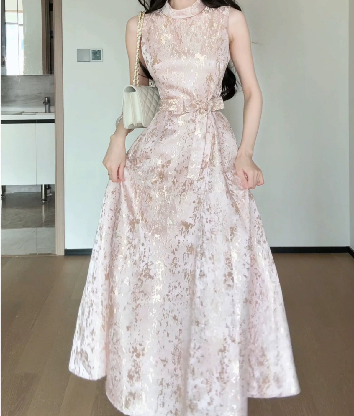 Pink Metallic Jacquard Fit-and-Flare Midi Dress - garment detail