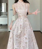 Pink Metallic Jacquard Fit-and-Flare Midi Dress - garment detail