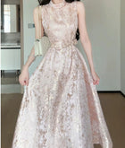 Pink Metallic Jacquard Fit-and-Flare Midi Dress - garment detail