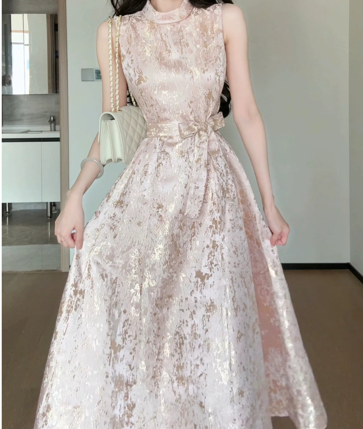 Pink Metallic Jacquard Fit-and-Flare Midi Dress - garment detail