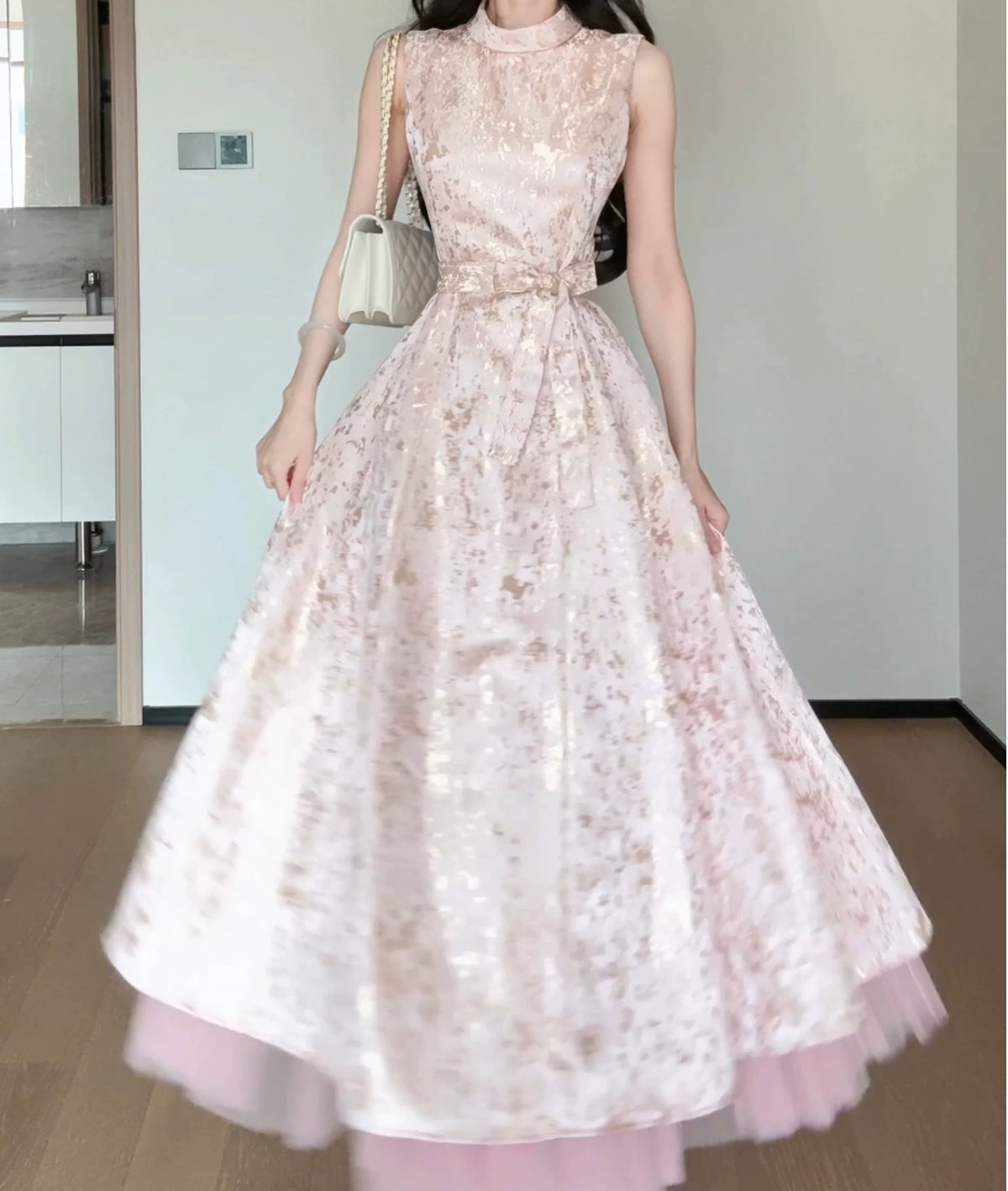 Pink Metallic Jacquard Fit-and-Flare Midi Dress - garment detail