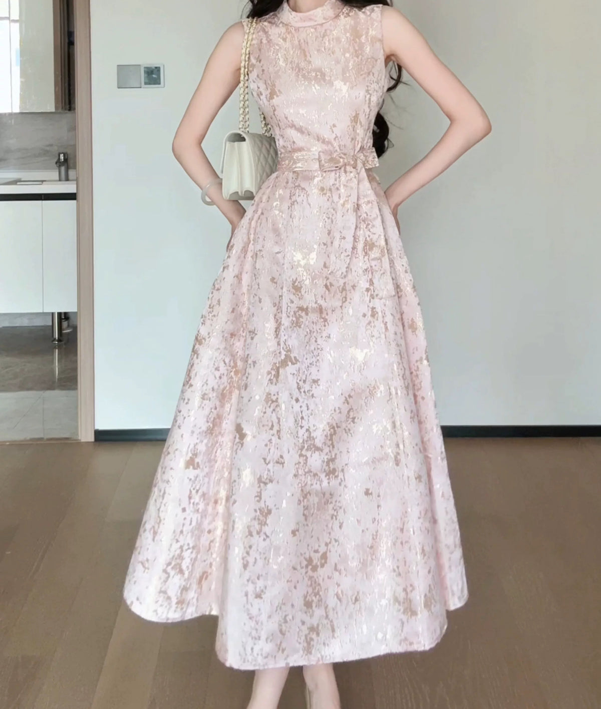 Pink Metallic Jacquard Fit-and-Flare Midi Dress - garment detail