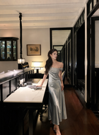 Square-Neck Satin A-Line Evening Maxi Dress - Blue
