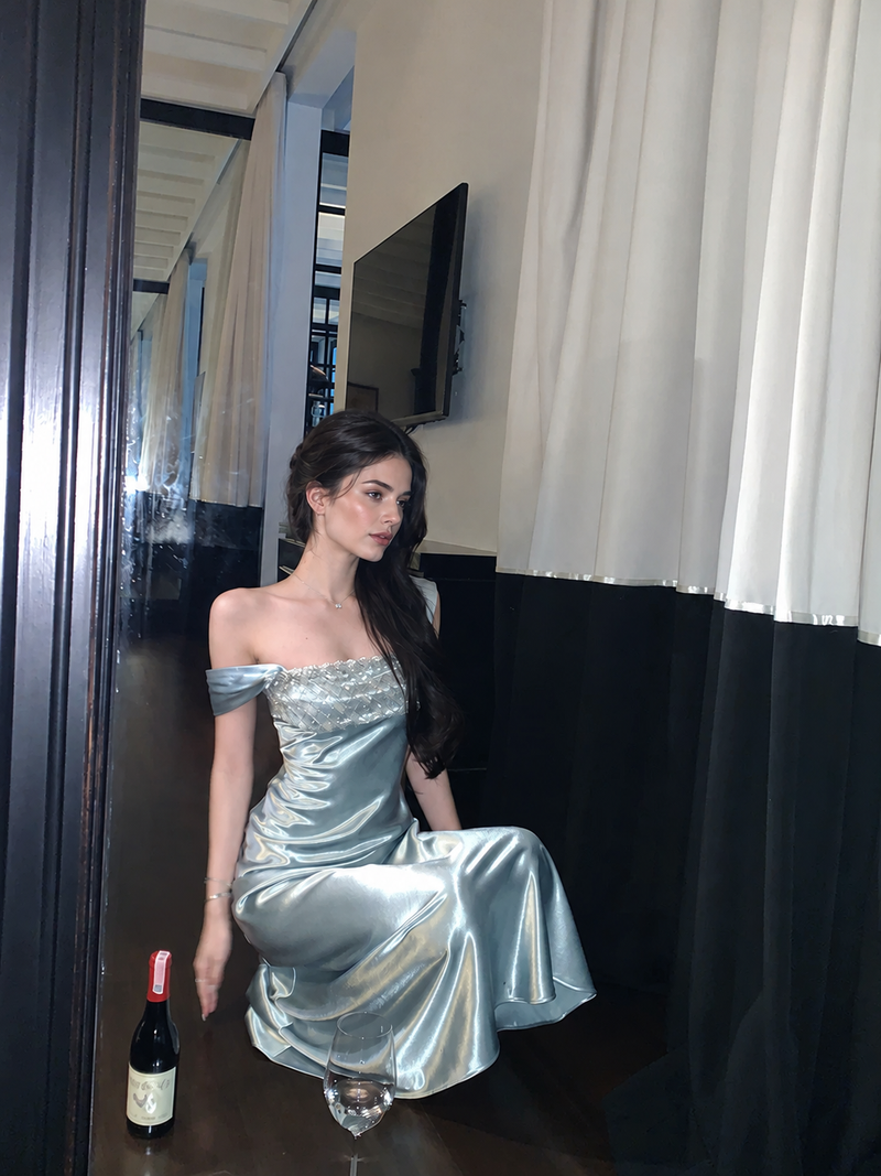 Square-Neck Satin A-Line Evening Maxi Dress - Blue