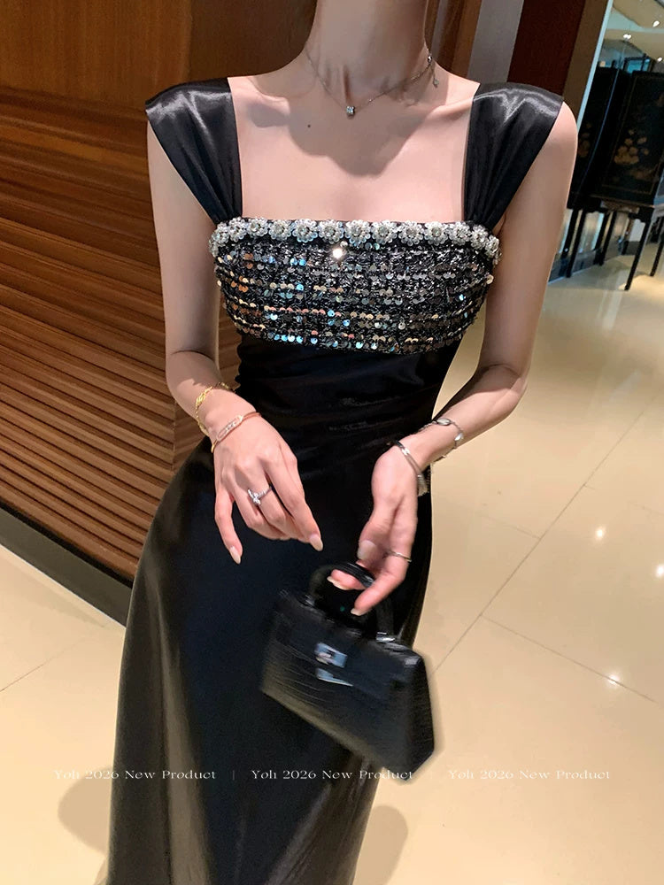 Square-Neck Satin A-Line Evening Maxi Dress - garment detail