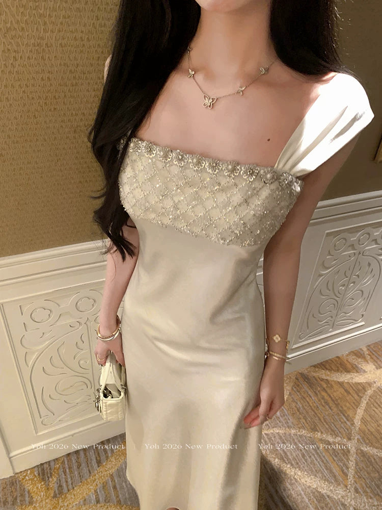 Square-Neck Satin A-Line Evening Maxi Dress - garment detail