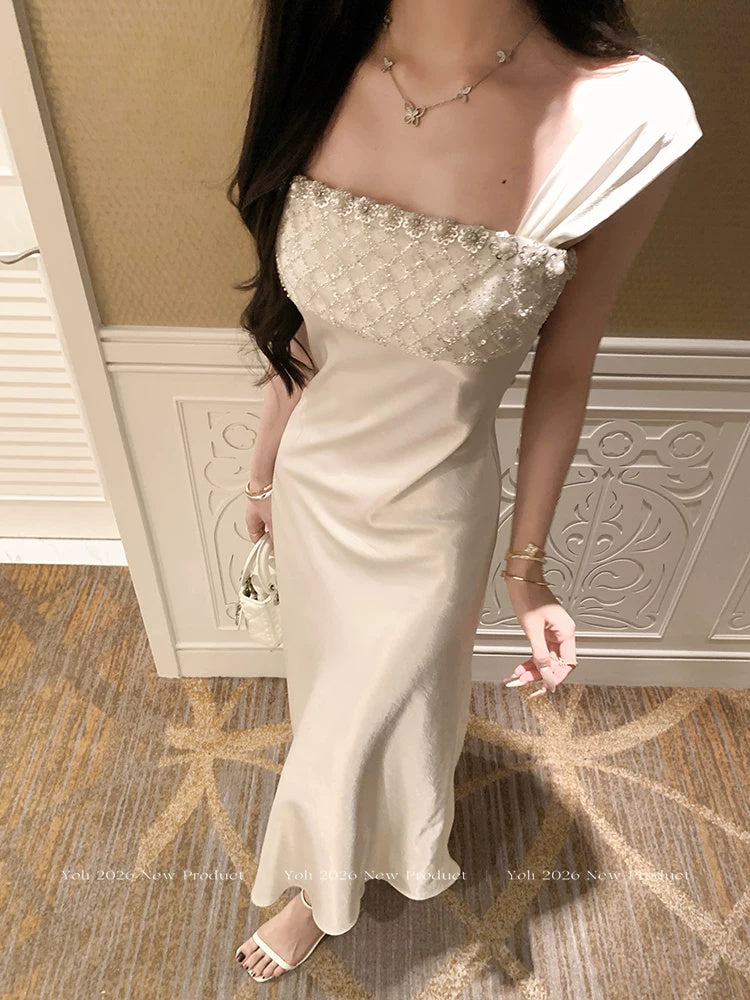 Square-Neck Satin A-Line Evening Maxi Dress - garment detail