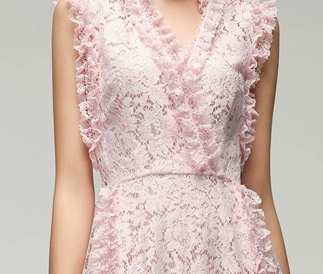 Pink V-Neck Sleeveless Lace Cocktail Midi Dress - garment detail
