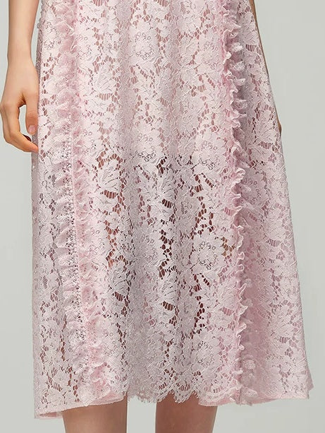 Pink V-Neck Sleeveless Lace Cocktail Midi Dress - garment detail