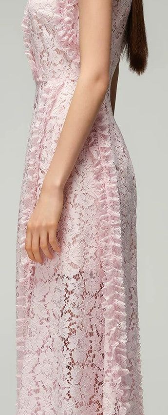 Pink V-Neck Sleeveless Lace Cocktail Midi Dress - garment detail