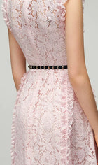 Pink V-Neck Sleeveless Lace Cocktail Midi Dress - garment detail
