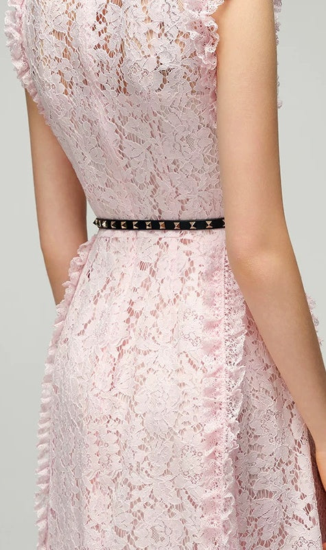 Pink V-Neck Sleeveless Lace Cocktail Midi Dress - garment detail