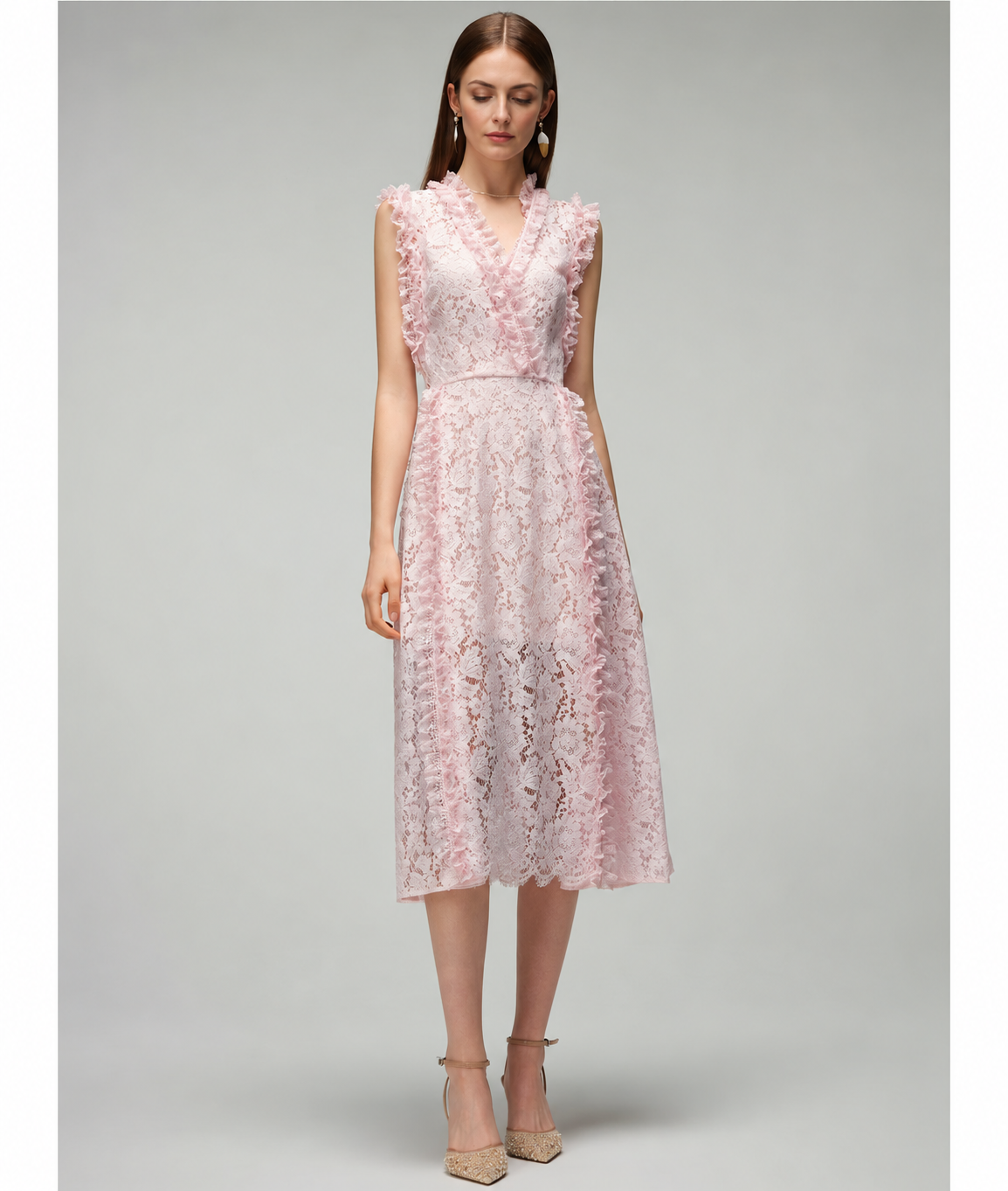 Pink V-Neck Sleeveless Lace Cocktail Midi Dress - Pink
