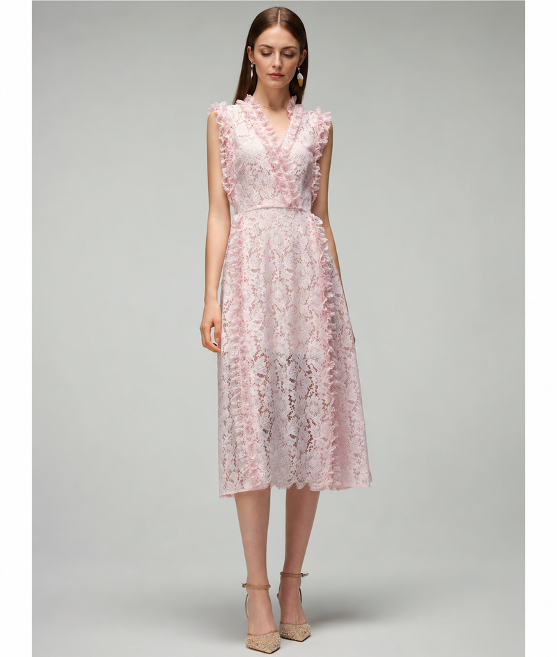 Pink V-Neck Sleeveless Lace Cocktail Midi Dress - Pink