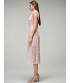 Pink V-Neck Sleeveless Lace Cocktail Midi Dress - Pink