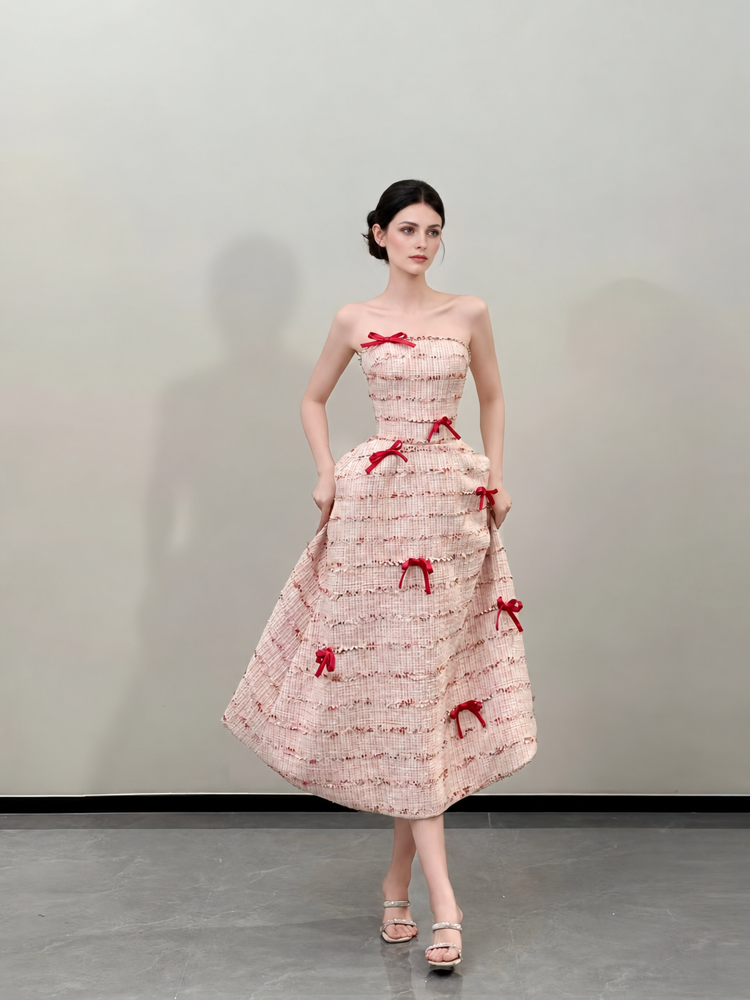 Blush Strapless Bow-Trim Tiered Party Midi Dress - Blush Pink