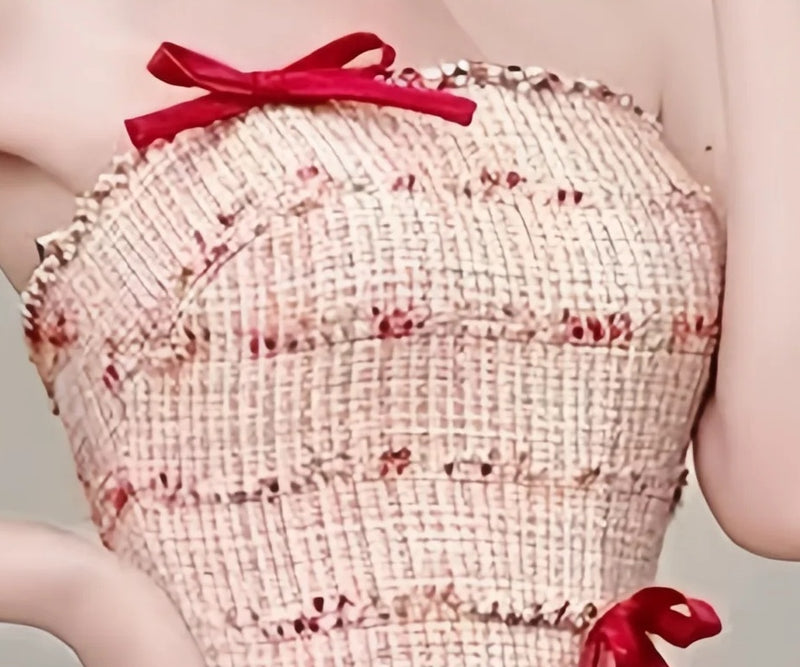 Blush Strapless Bow-Trim Tiered Party Midi Dress - garment detail