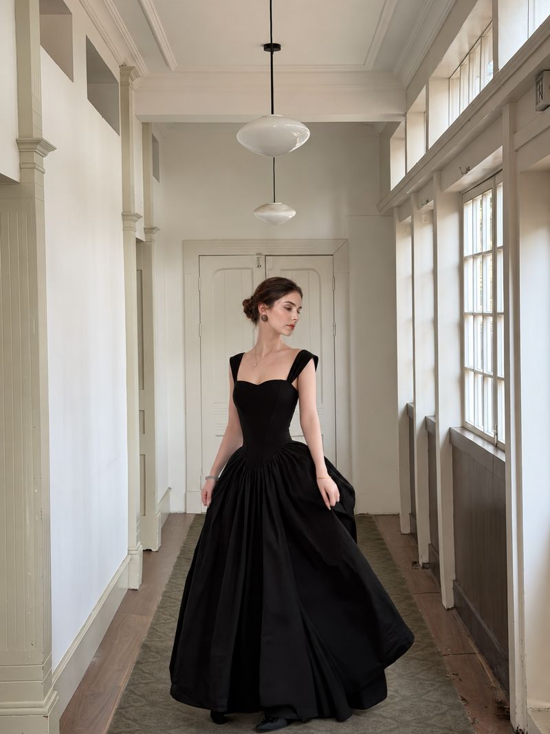 Wide-Strap Black Corset A-Line Maxi Dress - Black