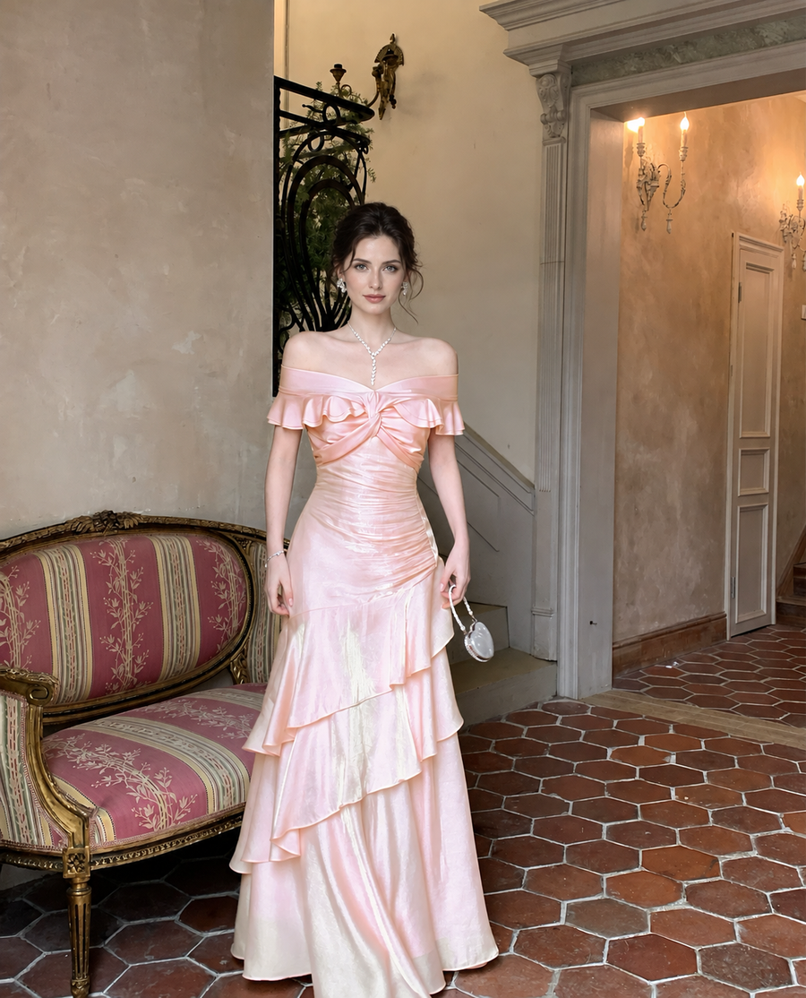 Pink Off-Shoulder Ruffle Mermaid Evening Dress
