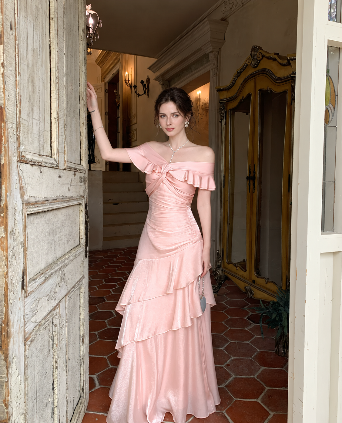 Pink Off-Shoulder Ruffle Mermaid Evening Dress, pale pink, additional view