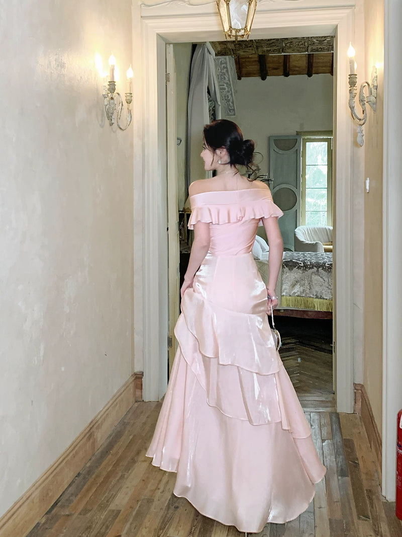 Pink Off-Shoulder Ruffle Mermaid Evening Dress, PalePink, back