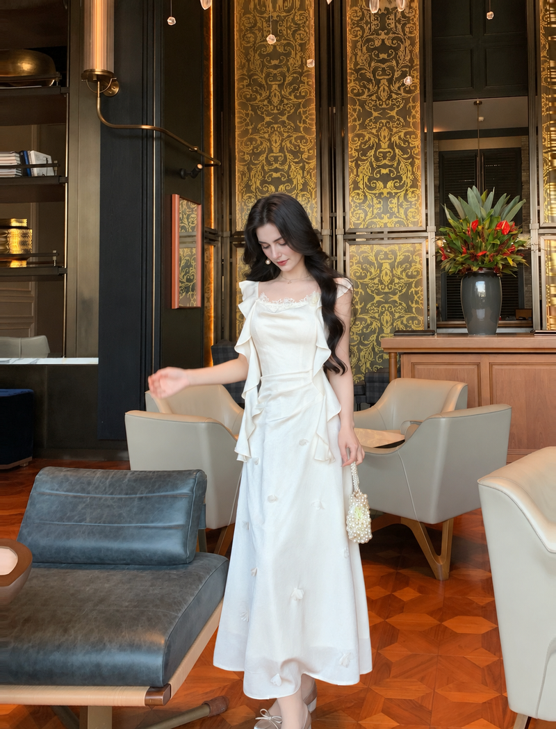 Lace-Trim Satin Mermaid Evening Dress - Apricot