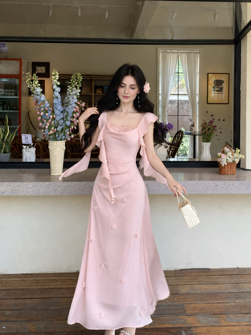 Lace-Trim Satin Mermaid Evening Dress - Pink