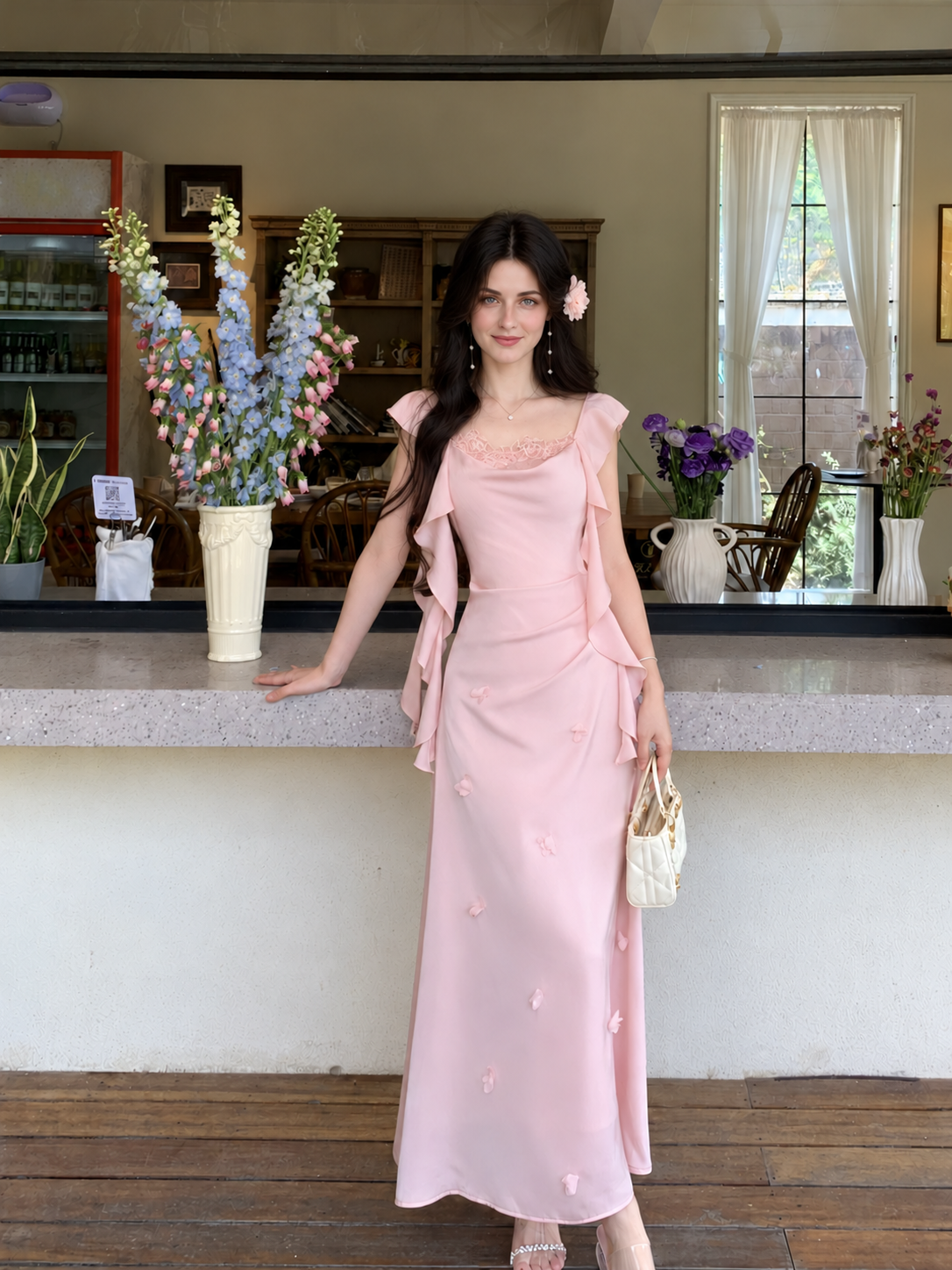 Lace-Trim Satin Mermaid Evening Dress - Pink
