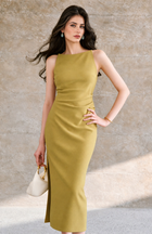 Boat Neck Ruched Bodycon Midi Dress - Chartreuse