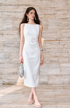 Boat Neck Ruched Bodycon Midi Dress - White